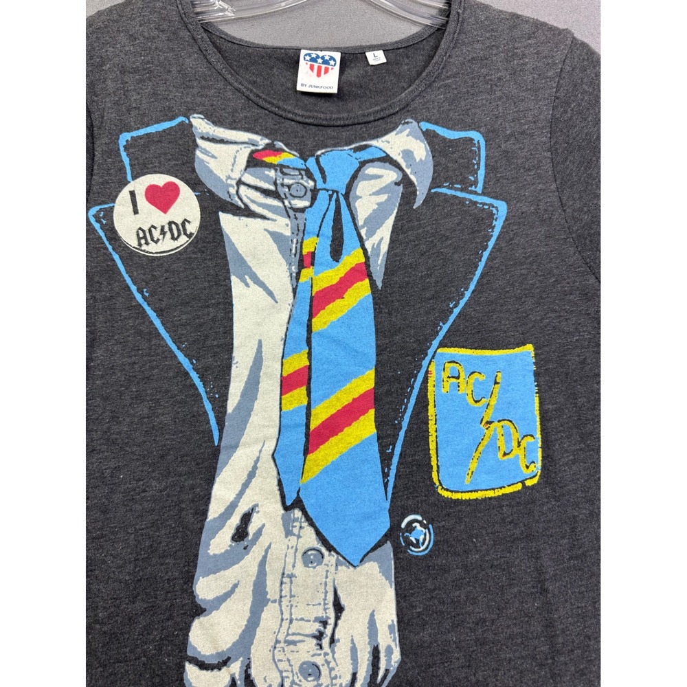Junk Food AC/DC Graphic T-Shirt Dress Women Large Gray Tuxedo Tie Rock Band Tee